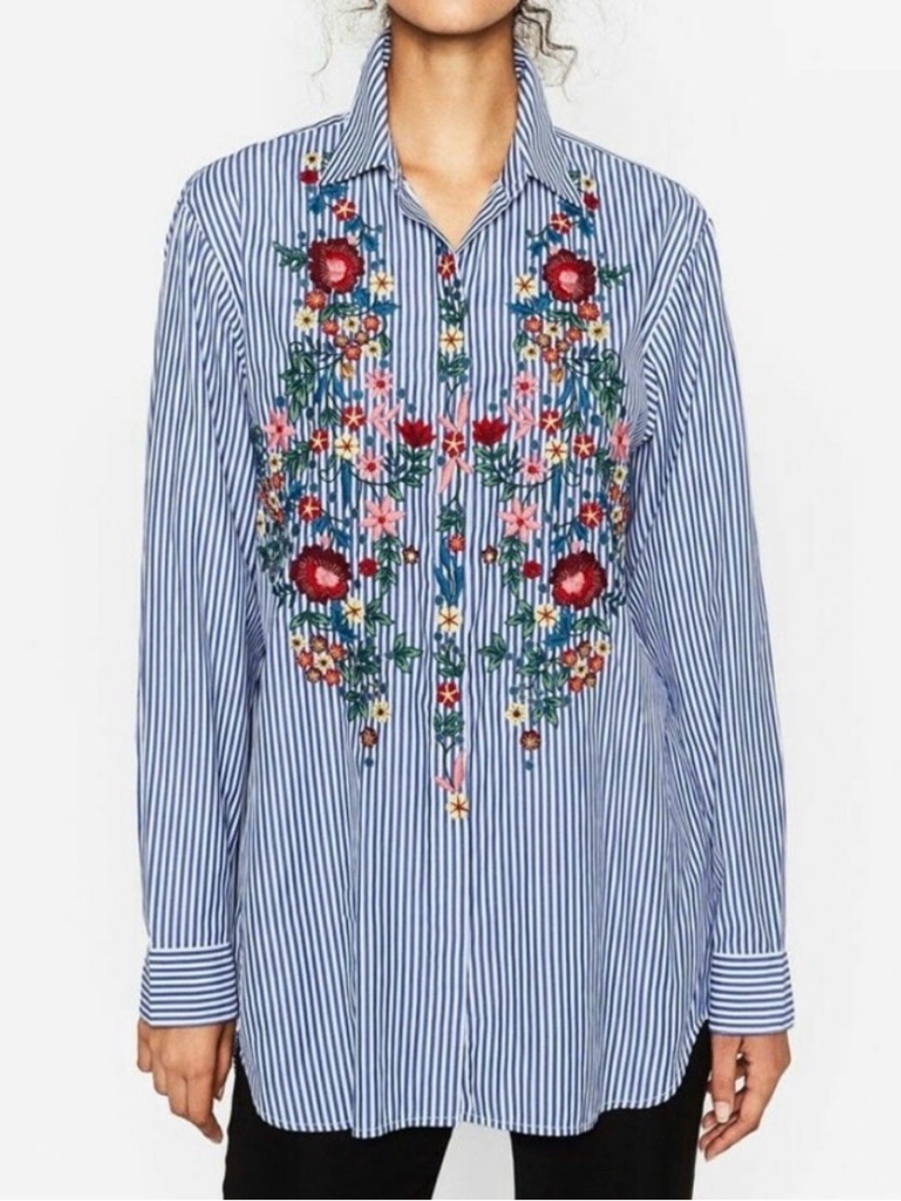 Zara Striped Button-Up with Floral Embroidery